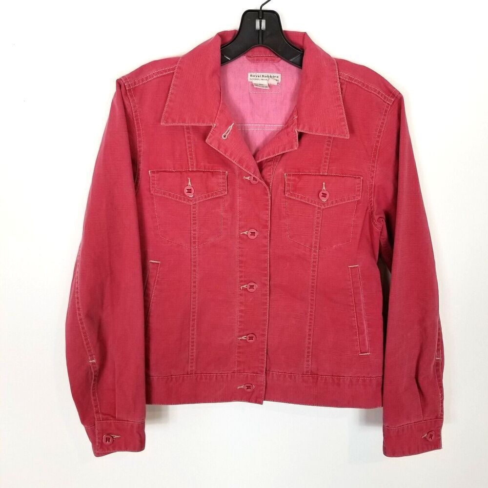 Royal Robbins Women Denim Button Down Jacket Sz S Red‎ Lightweight Pockets